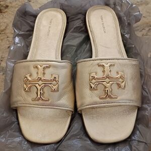 Tory Burch Gold Leather Slide Sandals NWOT 9 Stunning! MSRP $398
